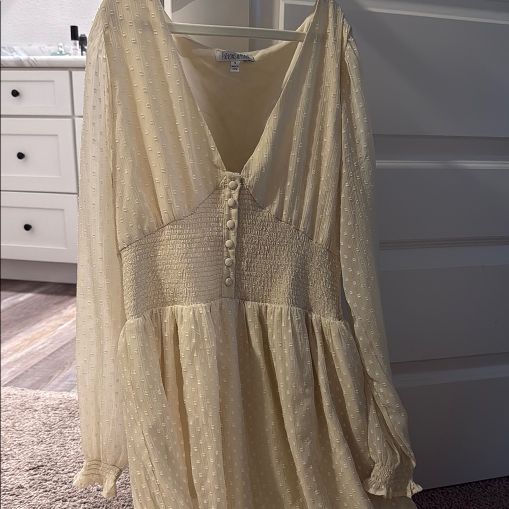 Cream Long-Sleeve Dress with Button Detail